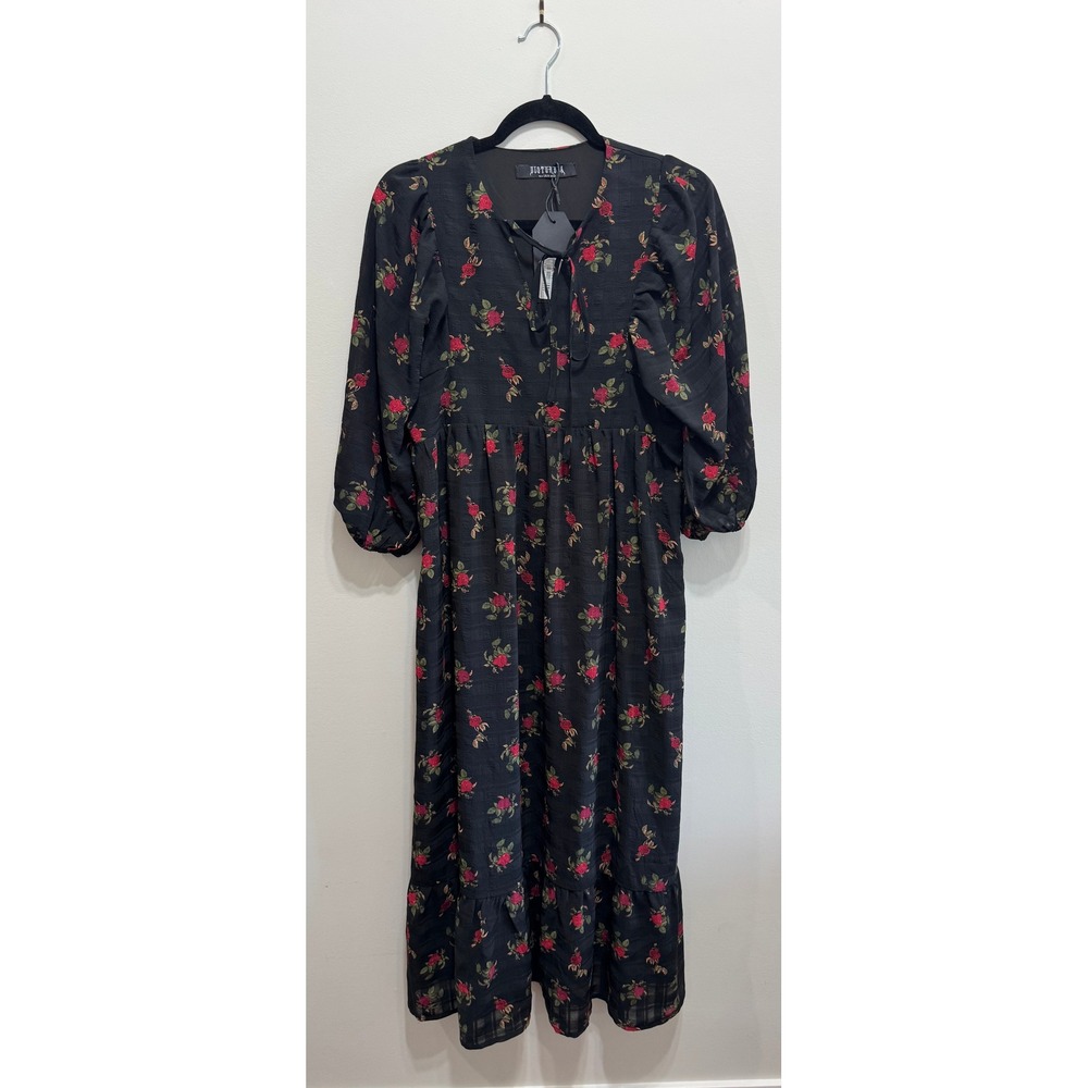 Disturbia Darcy Floral Print Chiffon Midaxi Dress Black Red Rose Gothic US 4